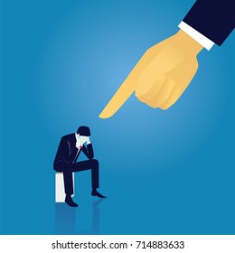 Vector illustration. Business failure guilty concept. Businessman frustrated sad down thinking of his fault, sitting while pointing finger of giant leader hand directing on him