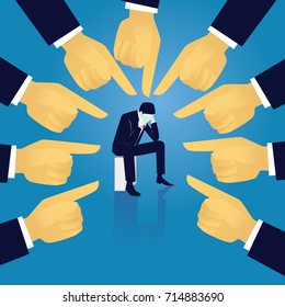 Vector illustration. Business failure guilty concept. Businessman frustrated sad down thinking of his fault, sitting in the middle of peoples pointing finger directing on him