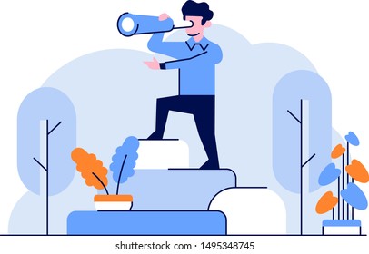 Vector Illustration Business and finance man vision seeing the future direction of business with telescope flat and outline design style