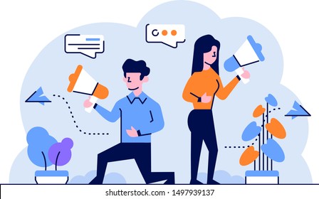 Vector Illustration Business and finance man and women team doing marketing pattern  social media announcement send flat and outline design style