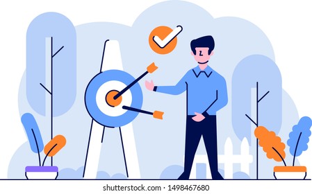 Vector Illustration Business and finance man doing presentation targeting target market business goals flat and outline design style