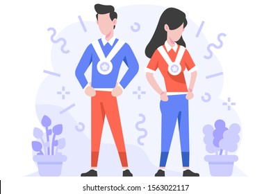 Vector Illustration Business finance man and woman best employee because of hardwork medal achievement hard worker people character flat design style