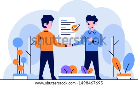 Vector Illustration Business and finance man doing contract agreement work submission of employment deal handshake flat and outline design style