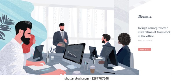 Vector illustration for business and finance. Successful team leader and business owner leading   business meeting. Businessman working on computer in foreground. 
