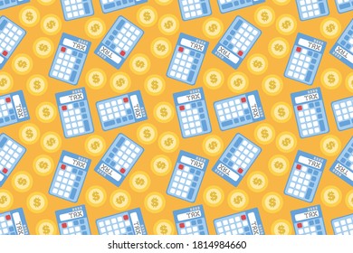 vector illustration business finance tax calculator dollar money economy repeat seamless pattern doodle cartoon style. Great for fabric packaging wallpaper background
