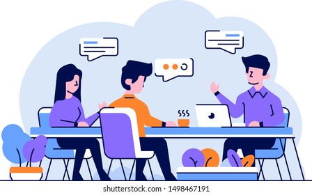 Vector Illustration Business and finance team discussion of meeting to solve problems strategy idea brainstorming flat and outline design style