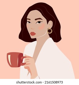 Ilustración vectorial de un destello de negocio con una taza de café en la mano. Una mujer de aspecto asiático con una chaqueta blanca, pendientes dorados con una taza de té o café. Imagen de la oficina con lápiz labial rojo