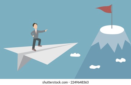 Vector illustration of business future vision concept. Flat character standing on paper plane.