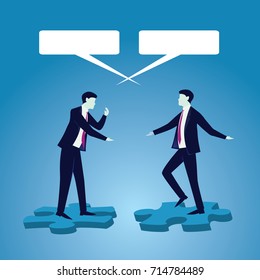 Vector illustration. Business global communication concept. Businessmen people speaking dialog speech collaboration technology