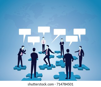 Vector illustration. Business global communication concept. Businessmen people speaking dialog speech collaboration technology