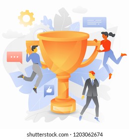 Vector illustration of business goal achieving with tiny people surrounding big trophy cup. Business metaphor of success.