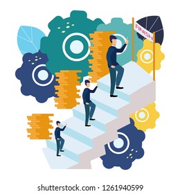 Vector illustration of business graphics, a man climbs the career ladder. Raising careers to success, flat icons