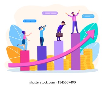 Vector illustration of business graphics, managers climb to the top of success, the concept of revenue and career growth.