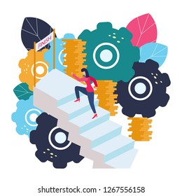 Vector illustration of business graphics, a woman runs the career ladder. Raising careers to success, flat icons