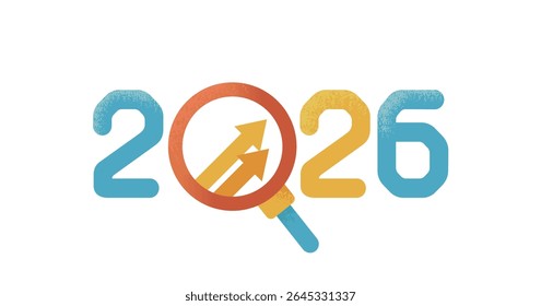 Vektorgrafik des Geschäftswachstums und der Unternehmensanalyse 2026 mit Aufwärtspfeilen und Lupe