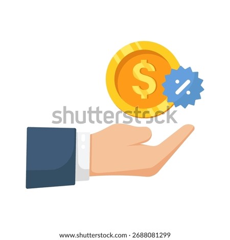 vector illustration of A business hand extends a golden coin with a blue discount seal, symbolizing money, value, investment, and financial opportunity. Perfect for finance, banking, sales, ect.
