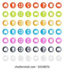 Vector illustration of a business icon set with gradients and shadows: home, idea, web refresh (recycle), contact phone, portfolio, question, paper and mail. In different colors.