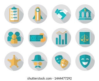 Vector illustration for business icons for law, bank, police, partners, graphics, money, cash, payment, people, handshake, landing, marketing, sales, coins, buildings, 
turquoise. Vector law icons set