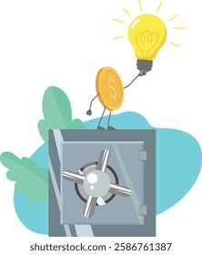 Vector illustration business idea concept. Startup, profitable business, safe storage of money in a safe