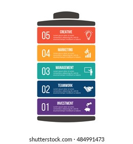 Vector illustration of business infographic with battery. Can be used for workflow layout, diagram, 5 options, step up options, web design, infographics