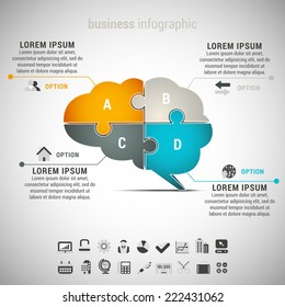 Vector Illustration Of Business Infographic With Brain Made Of Puzzle. EPS10.