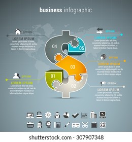 Vector Illustration Of Business Infographic With Dollar Made Of Puzzle.