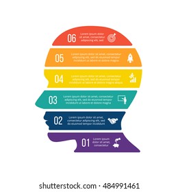 Vector illustration of business infographic with human head. Can be used for workflow layout, diagram, 6 options, step up options, web design, infographics