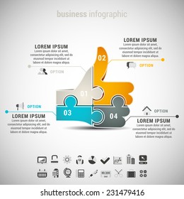 Vector illustration of business infographic with like symbol made of puzzle. 