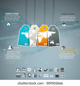 Vector illustration of business infographic made of labbels and world map.