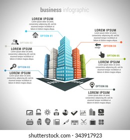 Vector illustration of business infographic made of buildings.