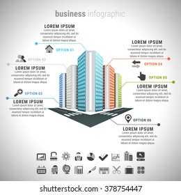 Vector illustration of business infographic made of buildings.