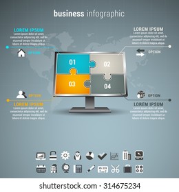 Vector illustration of business infographic with monitor made of puzzle.