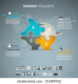 Vector illustration of business infographic with piggy bank made of puzzle.