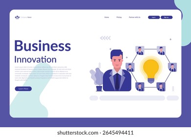 Ilustración vectorial de una página de Web de innovación empresarial con figura central, bombilla y caras conectadas en un diseño azul y blanco