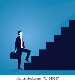 Vector illustration. Business journey concept. Future success. first step. Businessman start climbing stair for success, career, work, job, achievement, development, growth, progress, vision, future