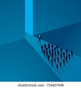 Vector illustration, business leadership concept, manager leading team group of business people moving forward into brighter success future