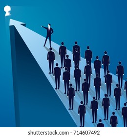 Vector illustration, business leadership concept, manager leading team group of business people moving forward into brighter success future - Shutterstock ID 714607492