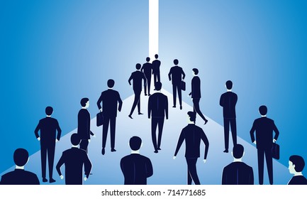 Vector illustration. Business leadership hope concept. Businessmen walks forward going to bright light representing success in future