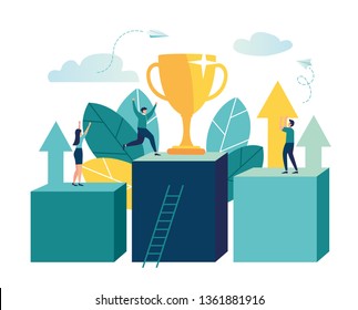 Vector illustration of business, leadership qualities in a creative team, direction on a successful path, small people are happy to have a winner, successful career, building.