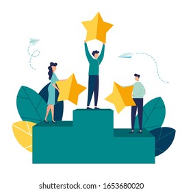 Vector illustration of a business, leadership qualities in a creative team, direction to a successful path, small people are happy to have a winner, a successful career, building a rating