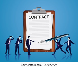 Vector illustration. Business legal agreement concept.  Businessman signing contract deal of partnership teamwork