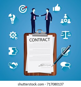 Vector illustration. Business legal agreement concept.  Businessman signing contract deal of partnership teamwork