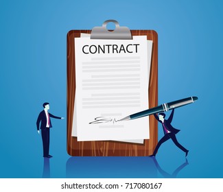 Vector illustration. Business legal agreement concept.  Businessman signing contract deal of partnership teamwork