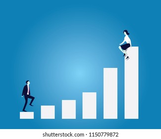 Vector illustration. Business love target concept. Businessman climbing ladder to reach woman