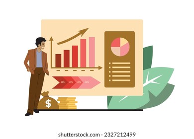 Ilustración vectorial de un hombre de negocios analizando gráficos y gráficos. Concepto de negocio.
