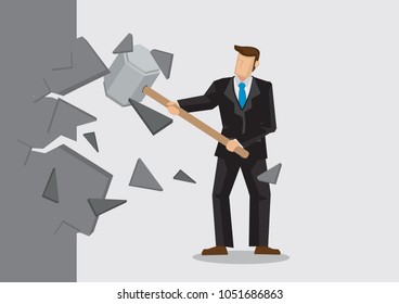 Vector Illustration Of Business Man Breaking Down The Wall. Concept Of Breaking Though Barrier To Get Freedom And Achievement For His Company.