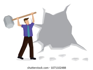 Vector Illustration Of Business Man Breaking Down The Wall. Concept Of Breaking Though Barrier To Get Freedom And Achievement.