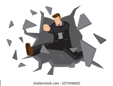 Vector Illustration Of Business Man Breaking Down The Wall. Concept Of Breaking Though Barrier To Get Freedom And Achievement.