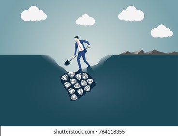 Vector illustration of business man digging for diamonds. Concept for search and find or business success