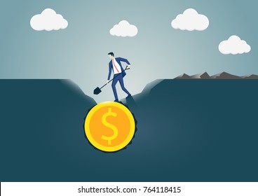 Vector illustration of business man digging and discovering US Dollar gold coin. Concept for search and find or business success